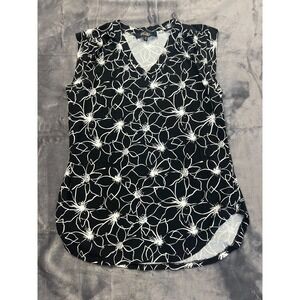 Rachel Roy Blouse Top Womens Small Black Floral Sleeveless V Neck Cotton Stretch